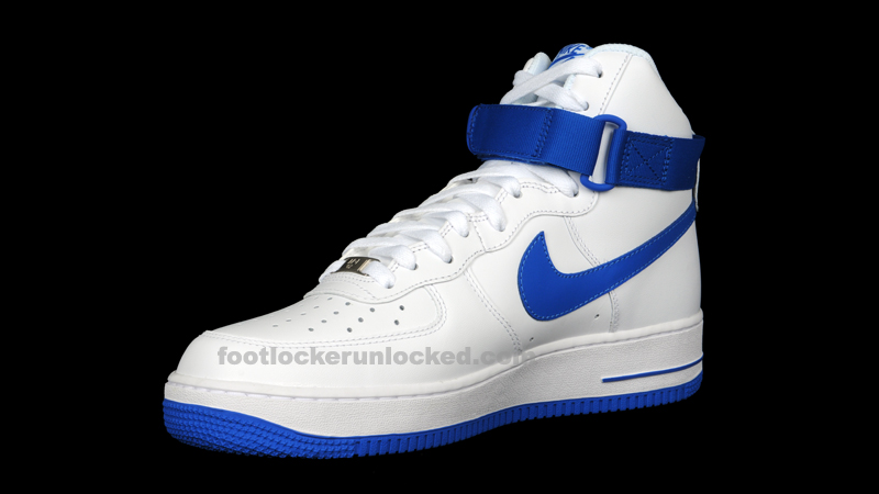 blue and white high top air forces