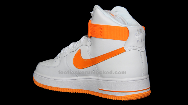 orange and white high top air force ones